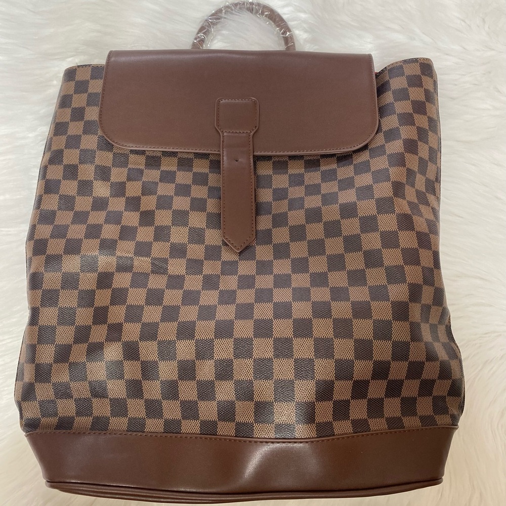 Luxury Inspired Brown Checkered Large Backpack Style Handbag